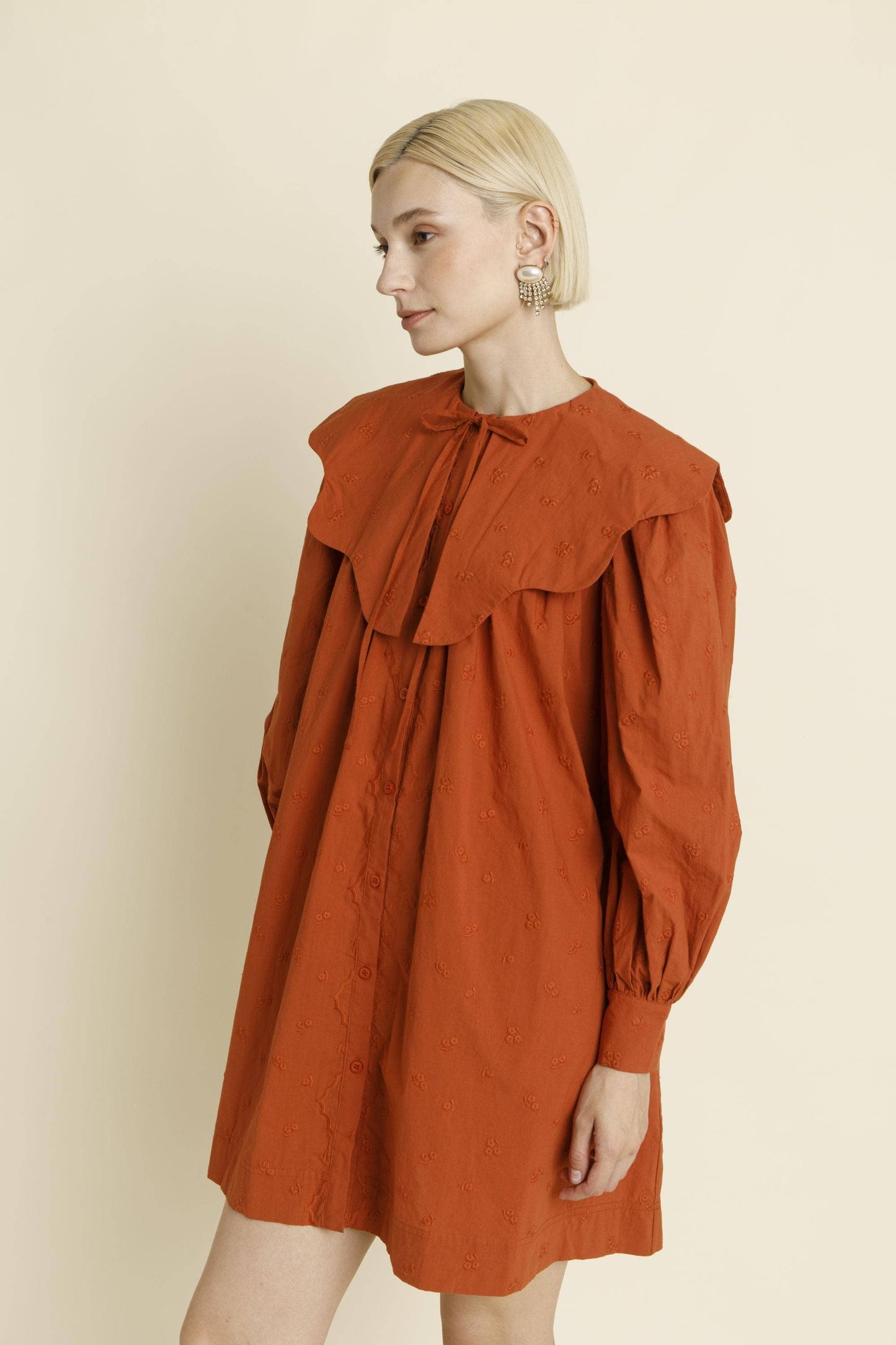 Terracotta Exaggerated Scalloped Collar Mini Dress