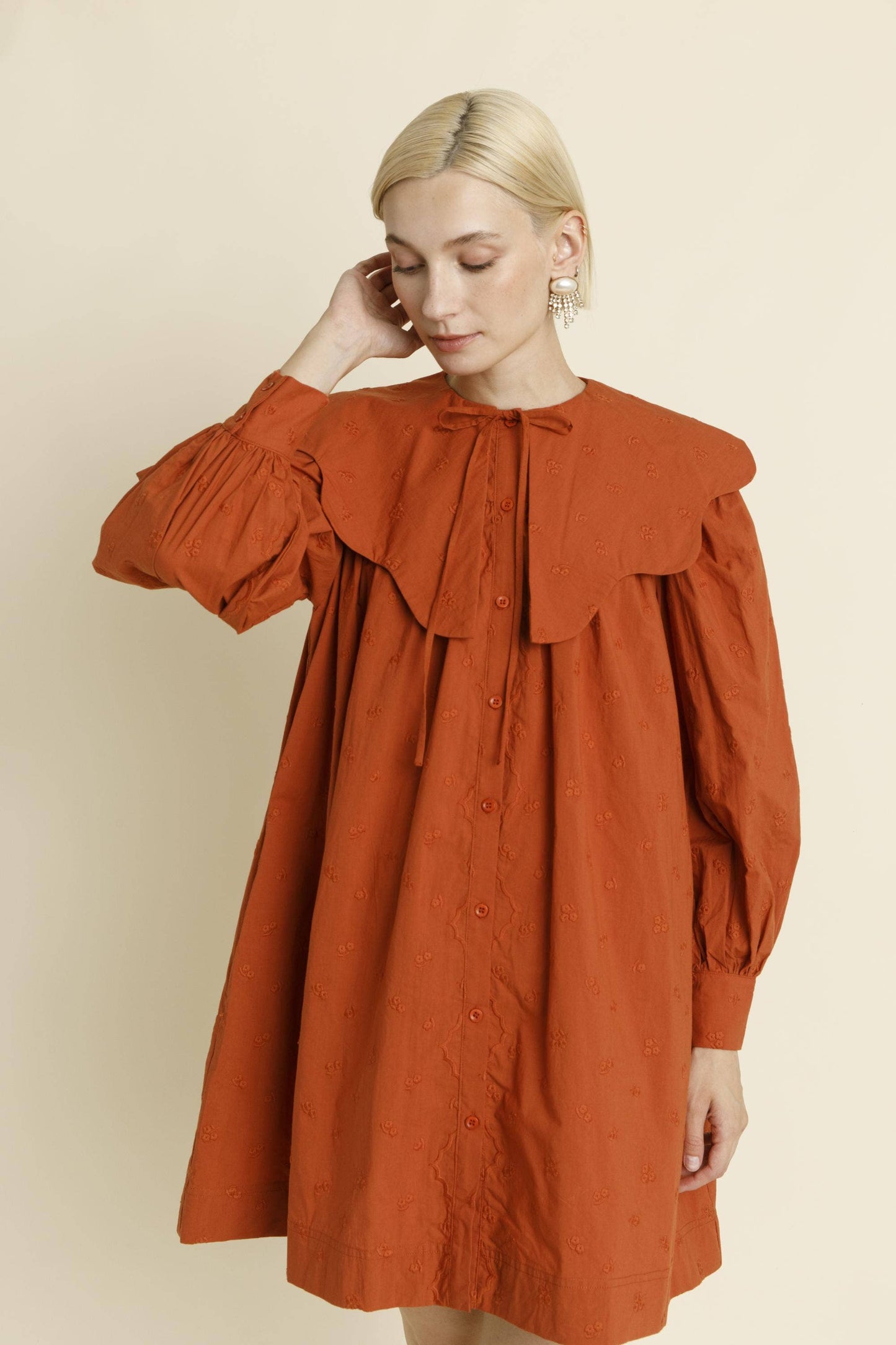 Terracotta Exaggerated Scalloped Collar Mini Dress