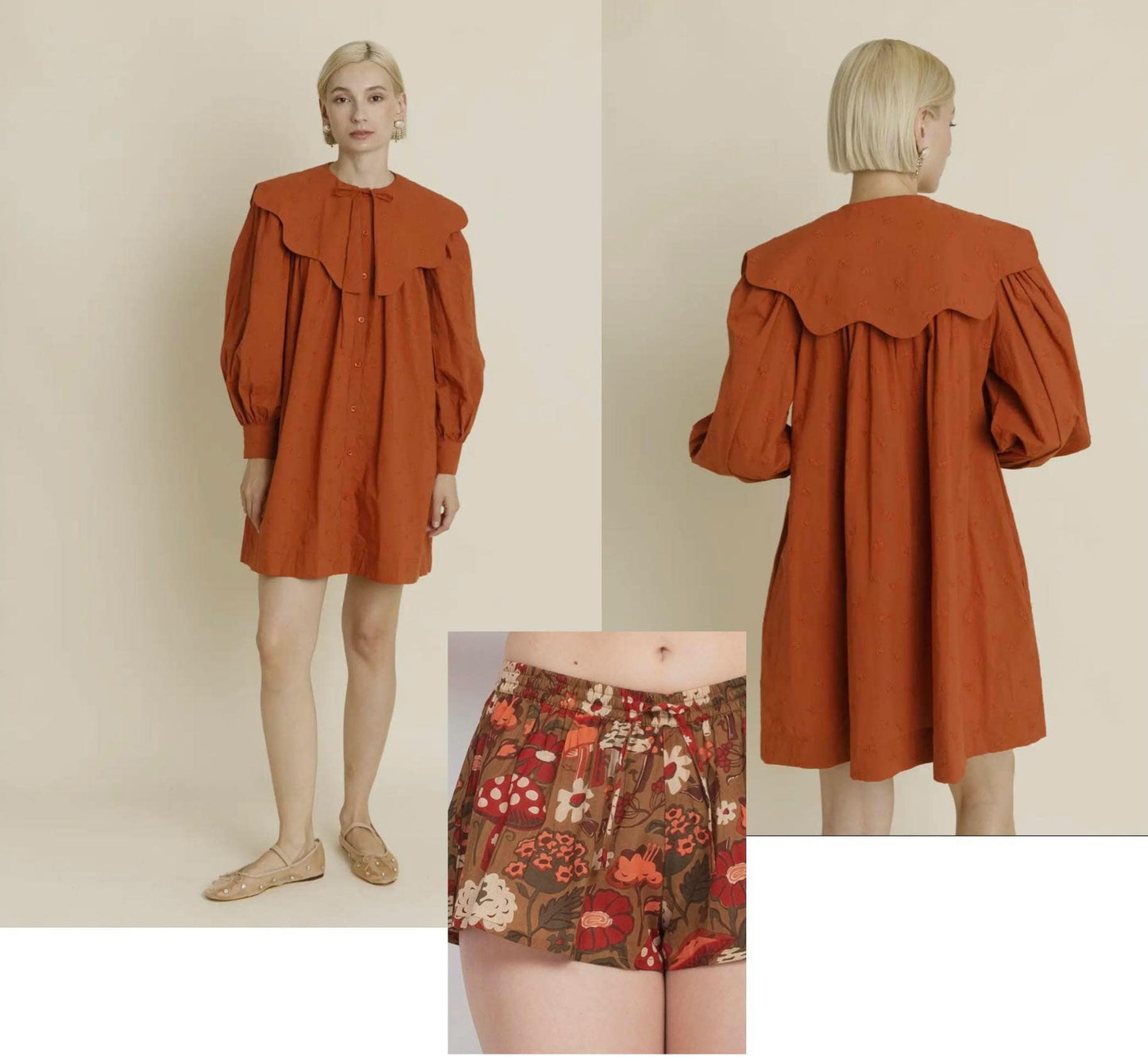 Terracotta Exaggerated Scalloped Collar Mini Dress